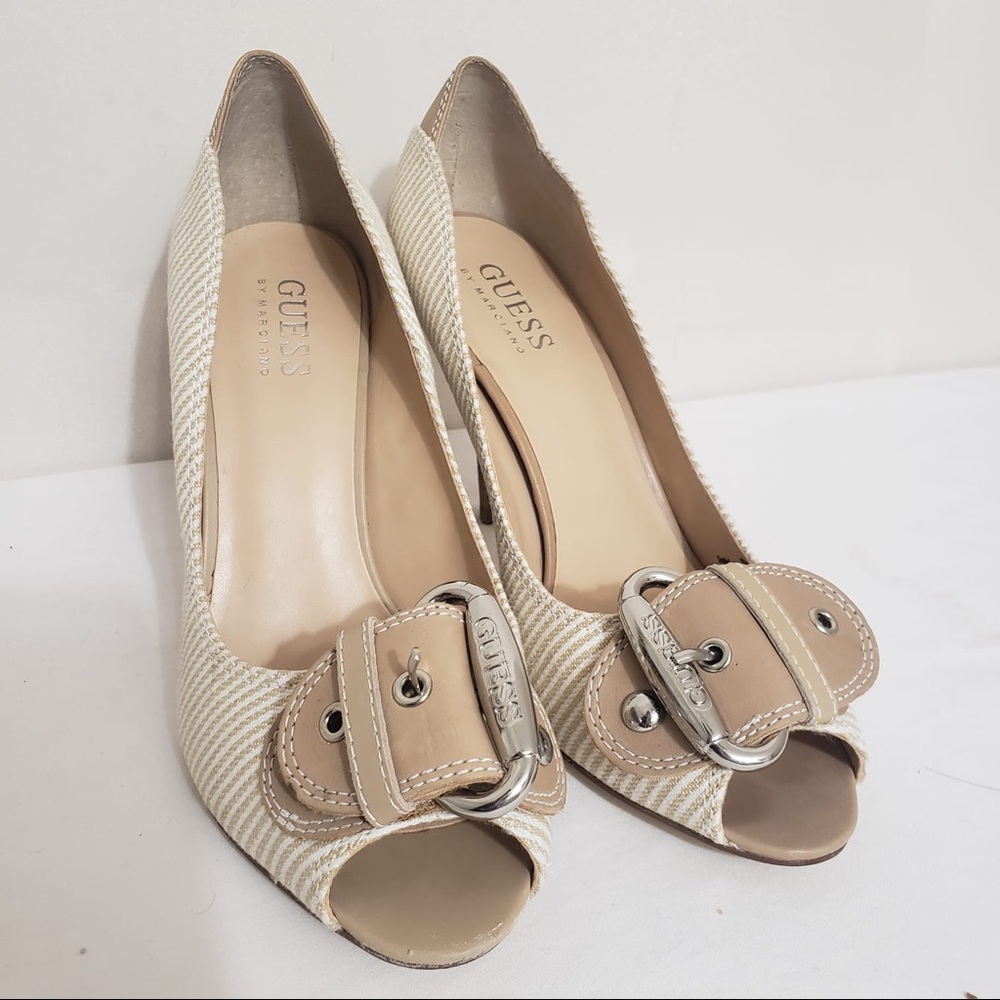 GUESS Y2K Beige Nude Peep Toe Buckled Striped Heel